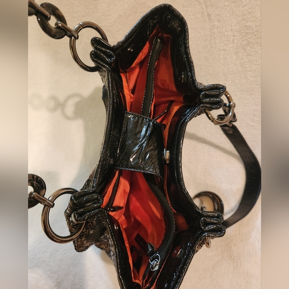 SHARIF 1827 Black Metallic Floral Python Embossed Italian Leather Satchel - Picture 8 of 15